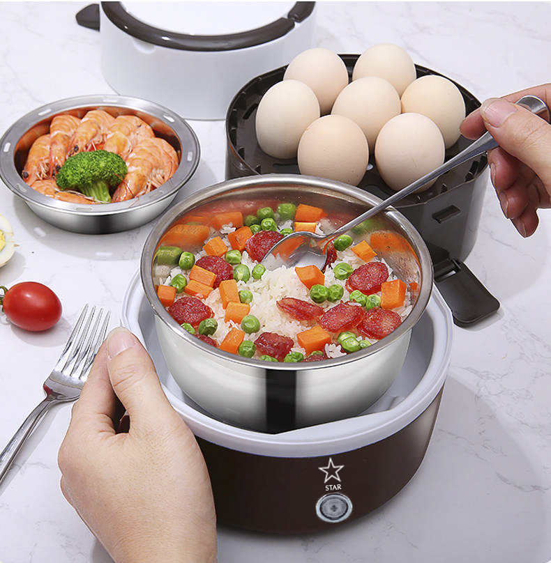 Hộp cơm văn phòng cắm điện nấu cơm và thức ăn tự động siêu nhanh, thiết kế 3 tầng với 3 khay đựng bằng inox cao cấp