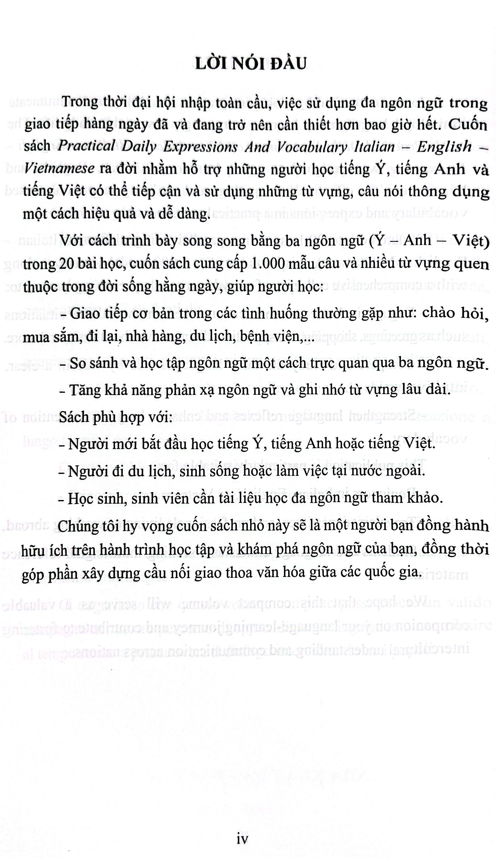 Sách - Practical Daily Expressions And Vocabulary Italian-English-Vietnamese - Từ Vựng Và Câu Giao Tiếp Thực Tiễn Hàng Ngày Ý-Anh-Việt