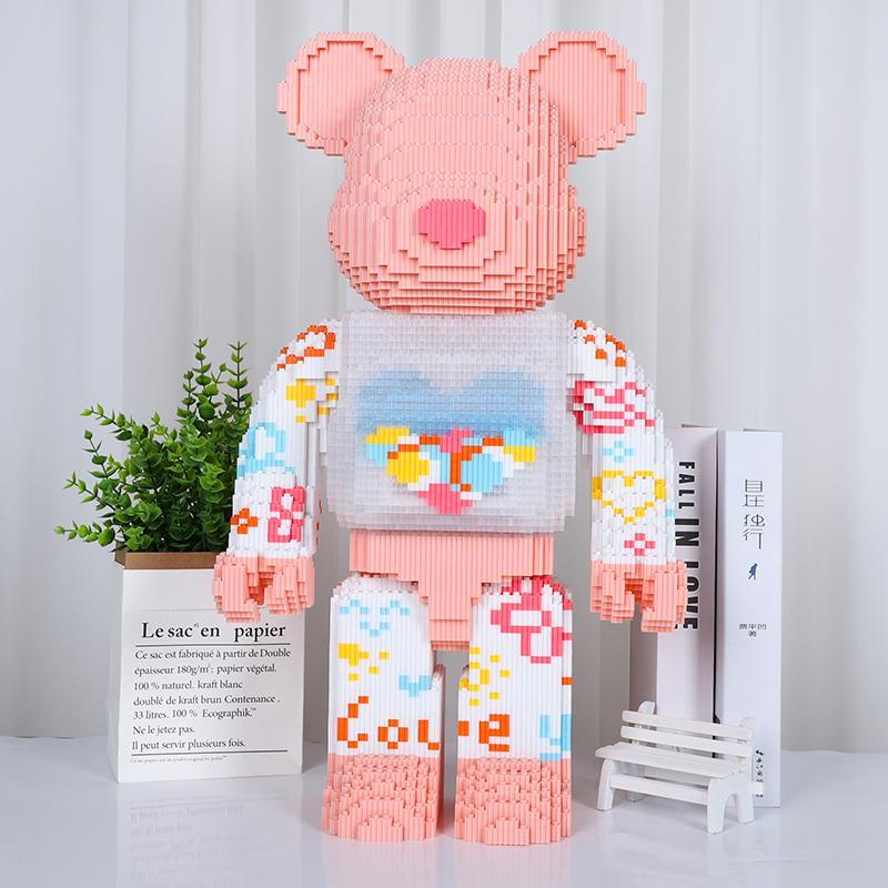 (55cm ) Mô hình lắp ráp Bearbrick size lớn chủ đề hoa ( tặng búa + đèn + 1 mini) - Hồng tim 55cm