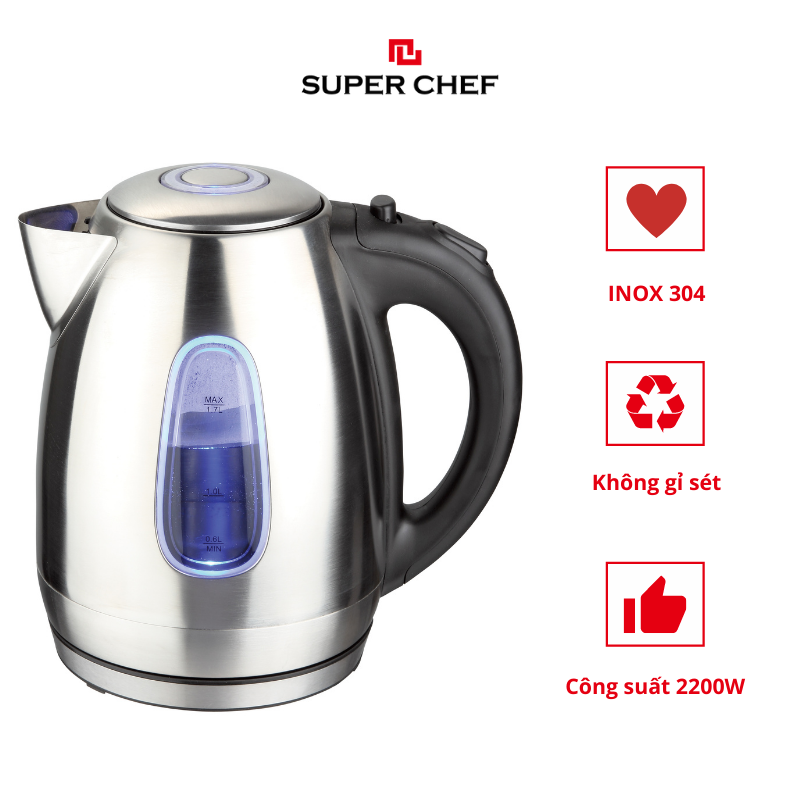 Bình Đun Siêu Tốc Inox Chính Hãng Super Chef  1.7 lít Công Suất Lớn Đun Nhanh, Tiết Kiệm Điện Năng, Chất Liệu Cao Cấp An Toàn, Bền Bỉ,, Thiết Kế Sang Trọng Bắt Mắt Dịch Vụ Hậu Mãi Chu Đáo