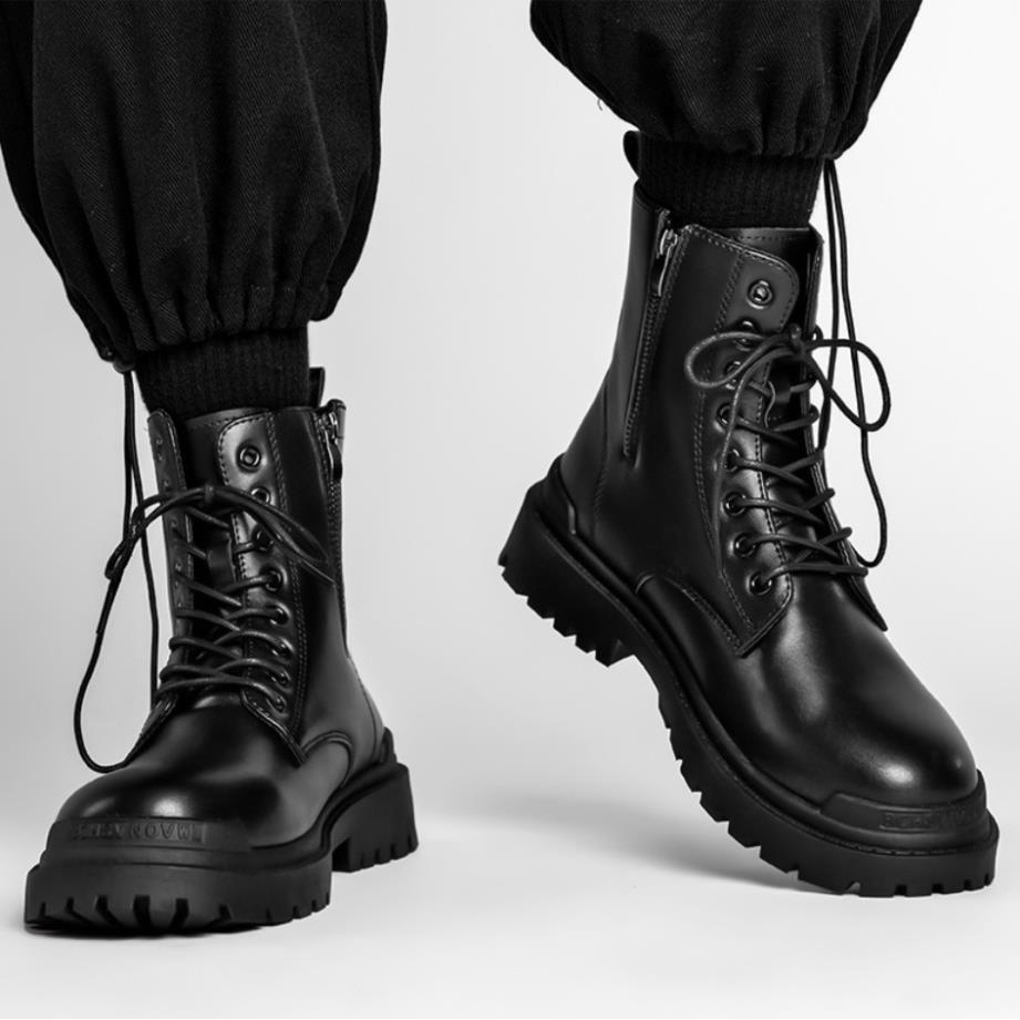 Hàng cao cấp (New 2023) Combat Boot , Giày bốt cổ cao khóa zip tăng chiều cao 7cm Black Panther