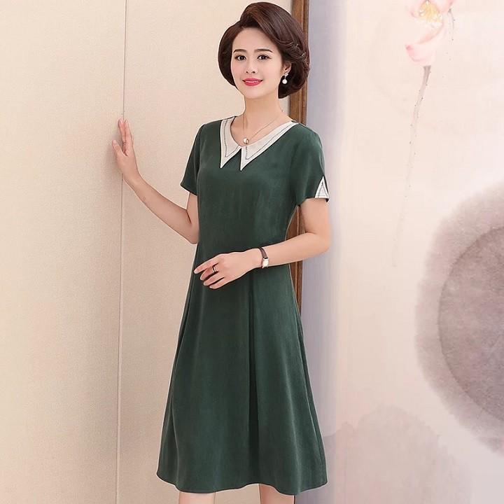 DRESS237-ĐẦM XÒE CỔ PHỐI MÀU TRUNG NIÊN S-6XL