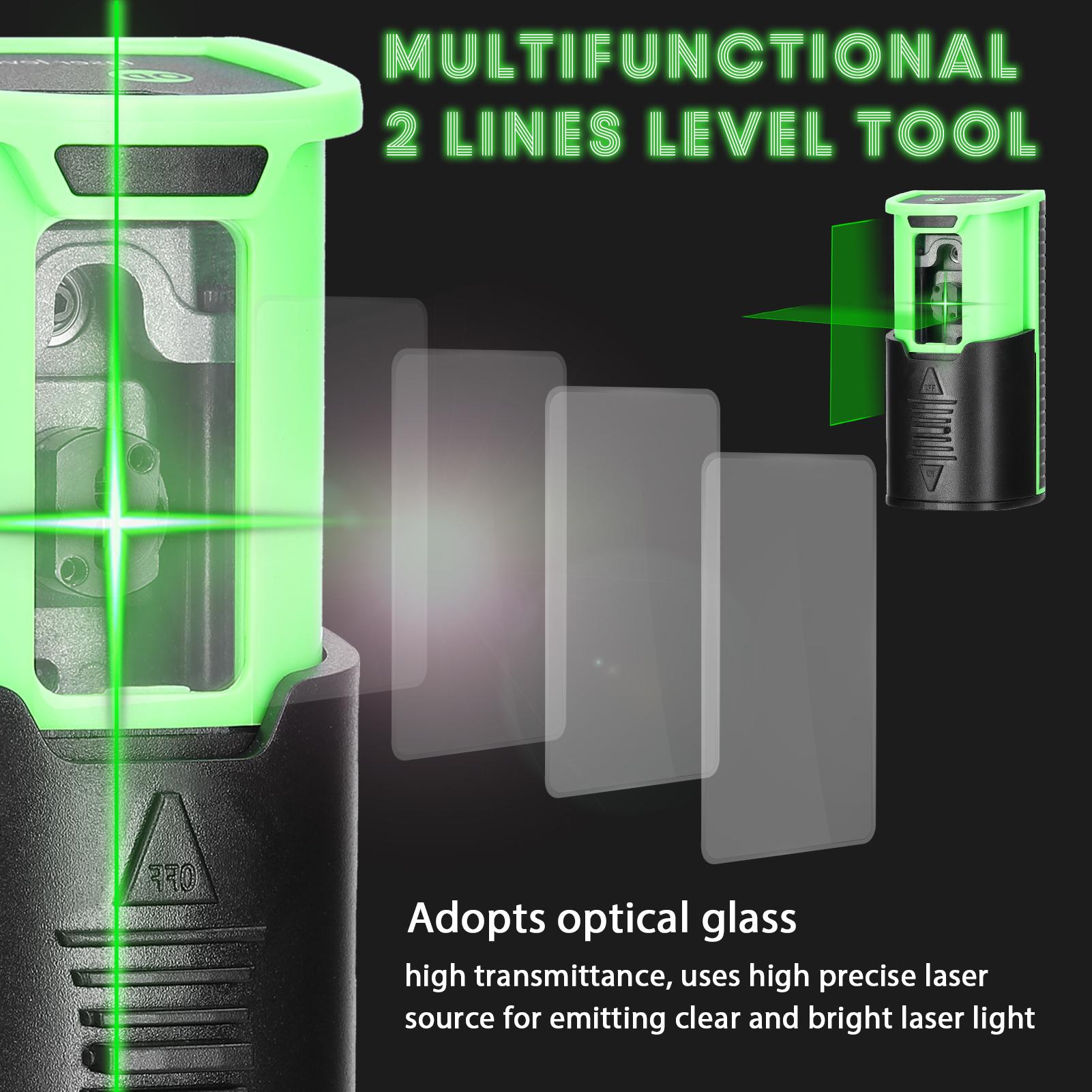 Single-Module Rechargeable Level Machine Mini Green Light 2 Lines Laser Level Home Multifunctional Level Meter Three Levels of Laser Light Brightness Adjustable with Anti-Drop Slide Cover Switch and Level Bubble