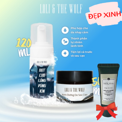 Set Cạo Lông Vùng Kín Tại Nhà Loli The Wolf  Gồm Bọt Cạo Lông Vùng Kín 120ml + Kem Dưỡng Da Vùng Kín Sau Cạo 50ml, Tặng Kèm Dầu Gội (Xả) Weilaiya Minisize Ngẫu Nhiên