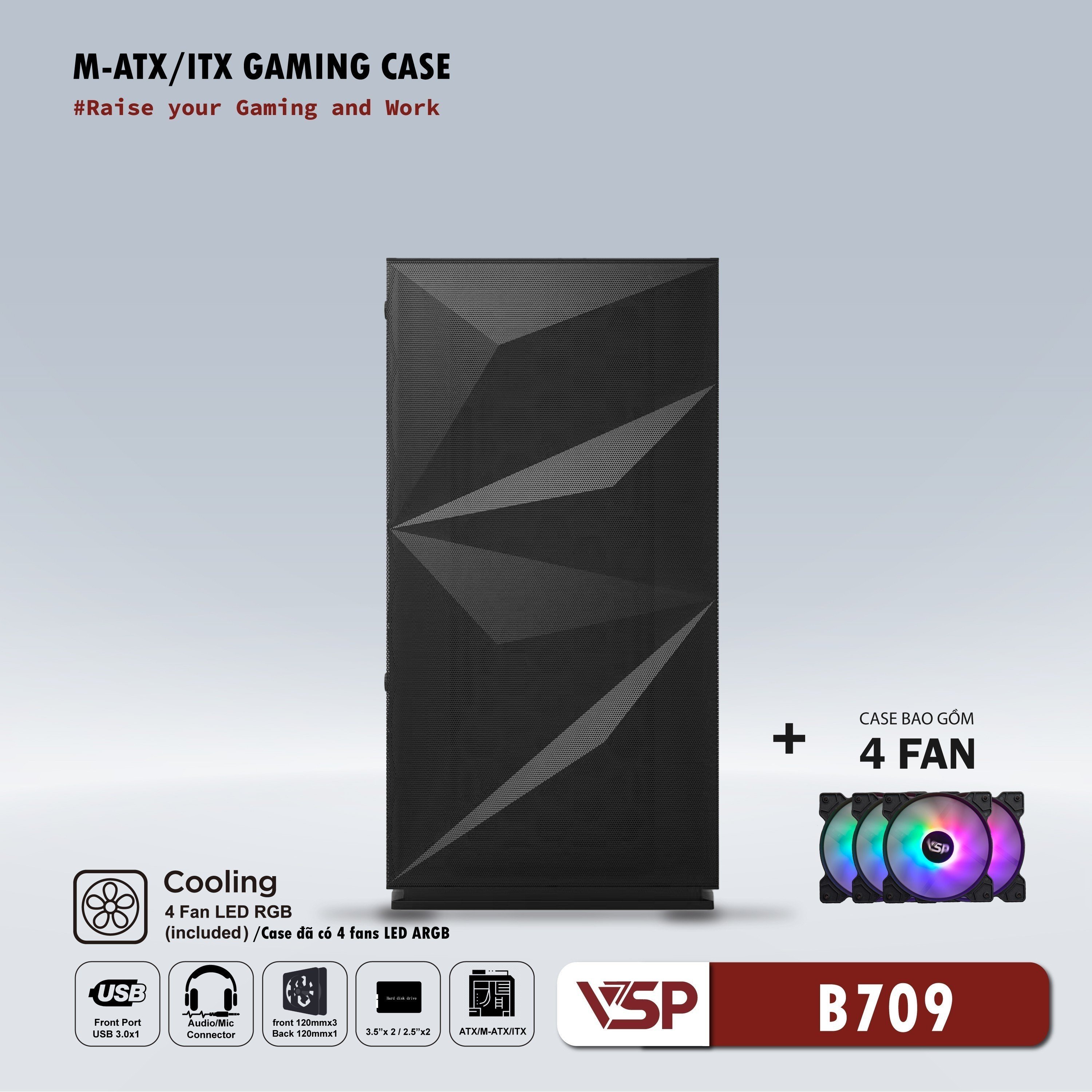 Vỏ máy tính Case VSP B709 [ĐEN] sẵn 4 Fan LED ~ Gaming kính cường lực (M-ATX/ITX) - Hàng chính hãng TECH VISION phân phối