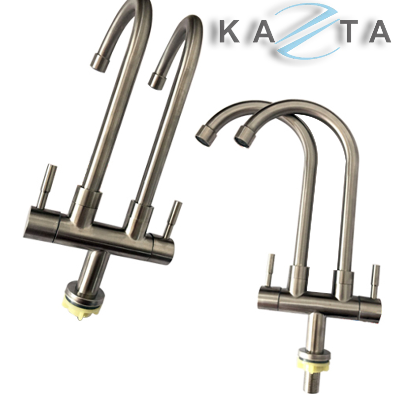 Vòi Rửa Chén Bát Lạnh KAZTA KZ-RCX2 Đôi Thân Tròn Inox Tiện Lợi 2 Vòi Liền Xả Nước 2 Chậu Cùng Lúc