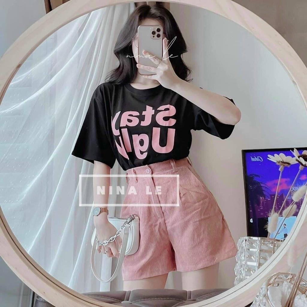 Set quần short nhung tăm và áo thun form rộng in chữ Stay Ugly S042