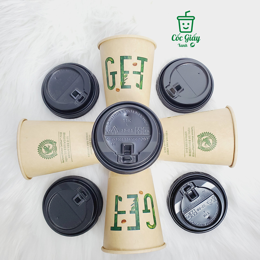 Set 50 CỐC GIẤY XANH CÓ NẮP 240ml In Chữ GET Màu Nâu Cafe Siêu Đẹp, Lịch Sự