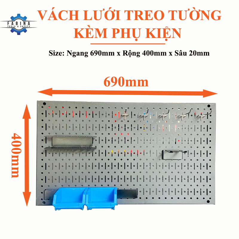 Tấm lưới Pegboard 69x40cm màu đen treo tường đa năng kèm phụ kiện