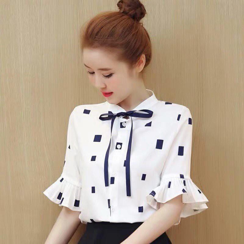 Áo sơ mi nữ cổ trụ nơ xinh xắn tay lỡ -áo sơ mi nữ tay điệu