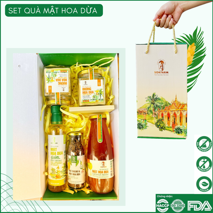 Hộp quà - Đường hoa dừa, Mật hoa dừa, Ca cao mật hoa dừa, Giấm mật hoa dừa (5 sản phẩm)