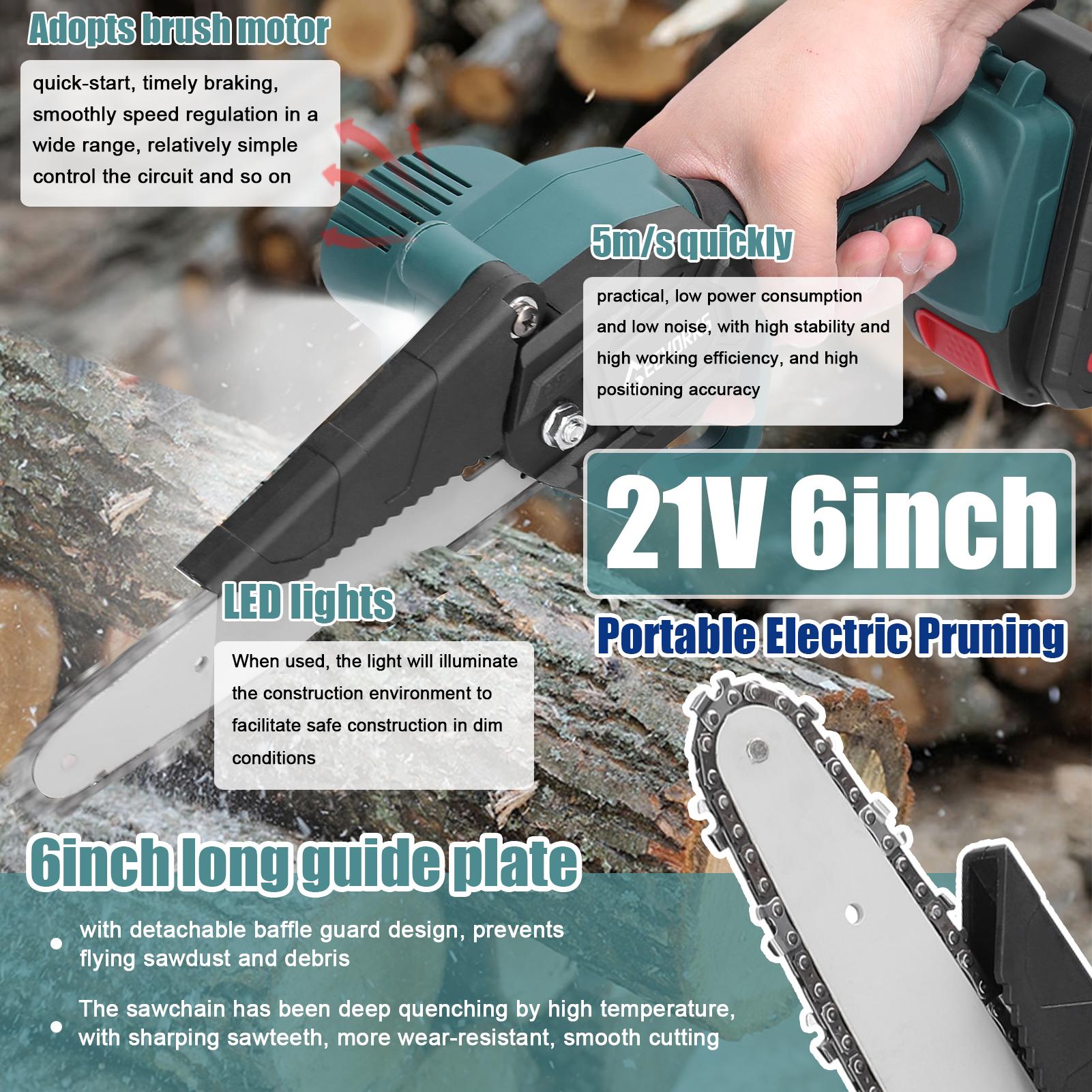 21V 6inch Portable Electric Pruning Saws Rechargeable Small Wood Spliting Chainsaw One-handed Woodworking Tool for Garden Orchard Branch Clip