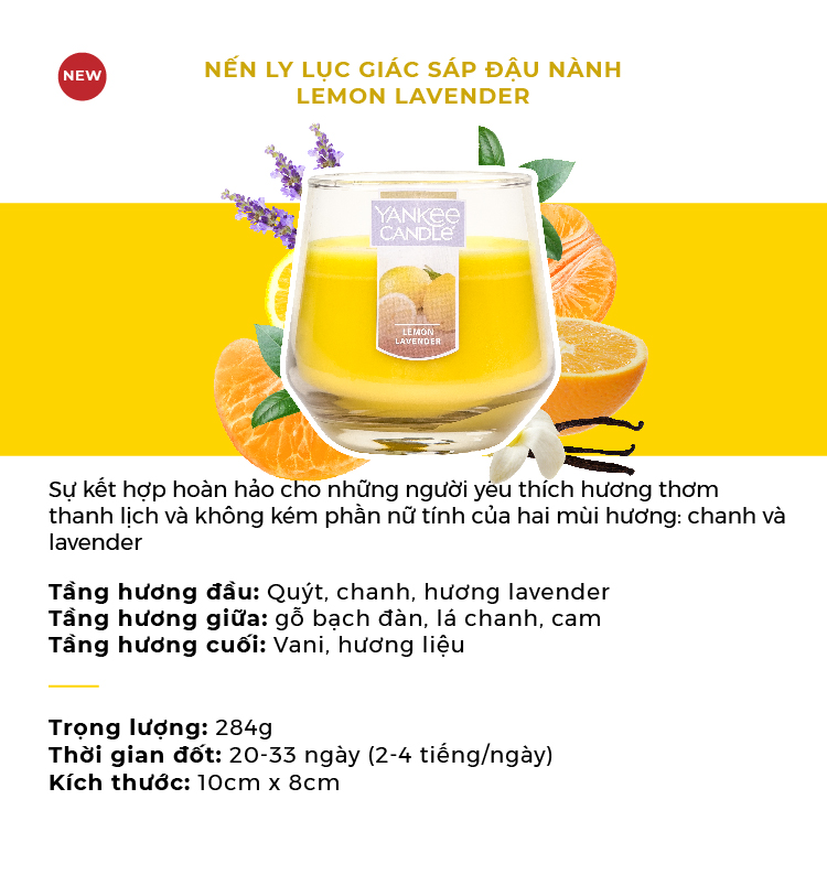 Nến Ly Lục Giác Sáp Đậu Nành 284gram từ Yankee Candle - Lemon Lavender