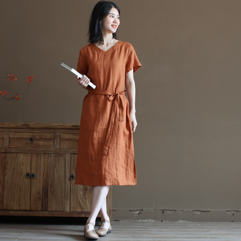 Đầm linen suông cổ tim ngắn kèm dây thắt eo phong cách nữ nhẹ nhàng thach lịch, mẫu mới Đũi Việt 2023 DV193