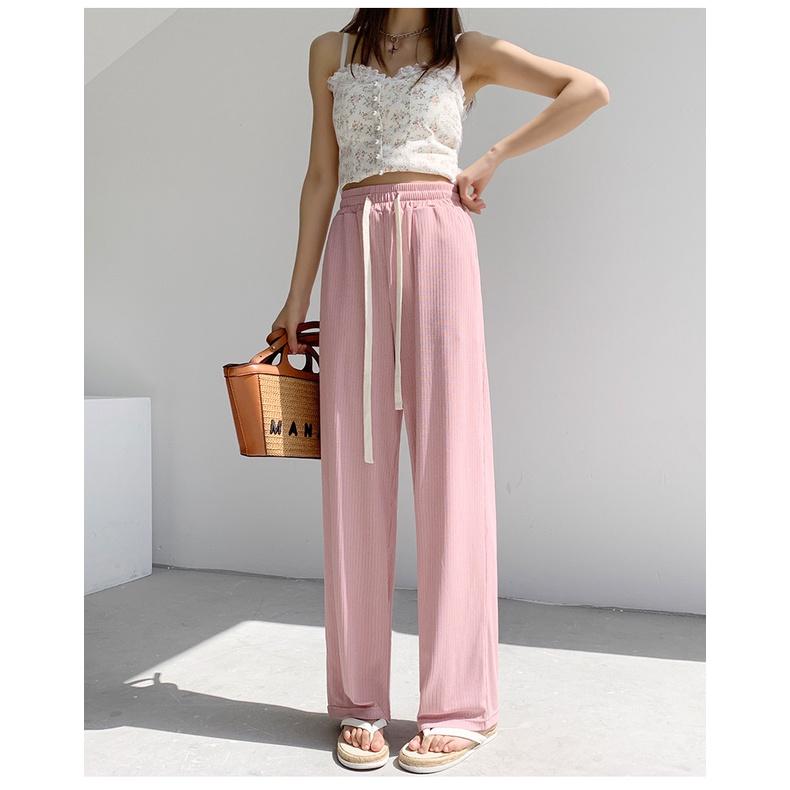 Quần ống rộng thun tăm xuất hàn lưng cao cạp chun dây rút dáng xuông dài Quần culottes ống suông co dãn vải mềm mát lạnh