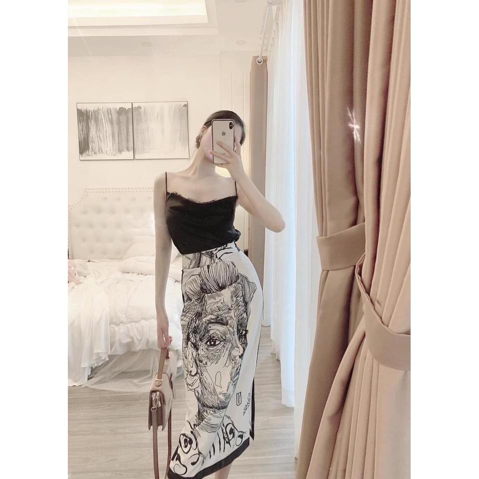 SET ÁO 2S LỤA PHỐI REN CHÂN VÁY IN HÌNH