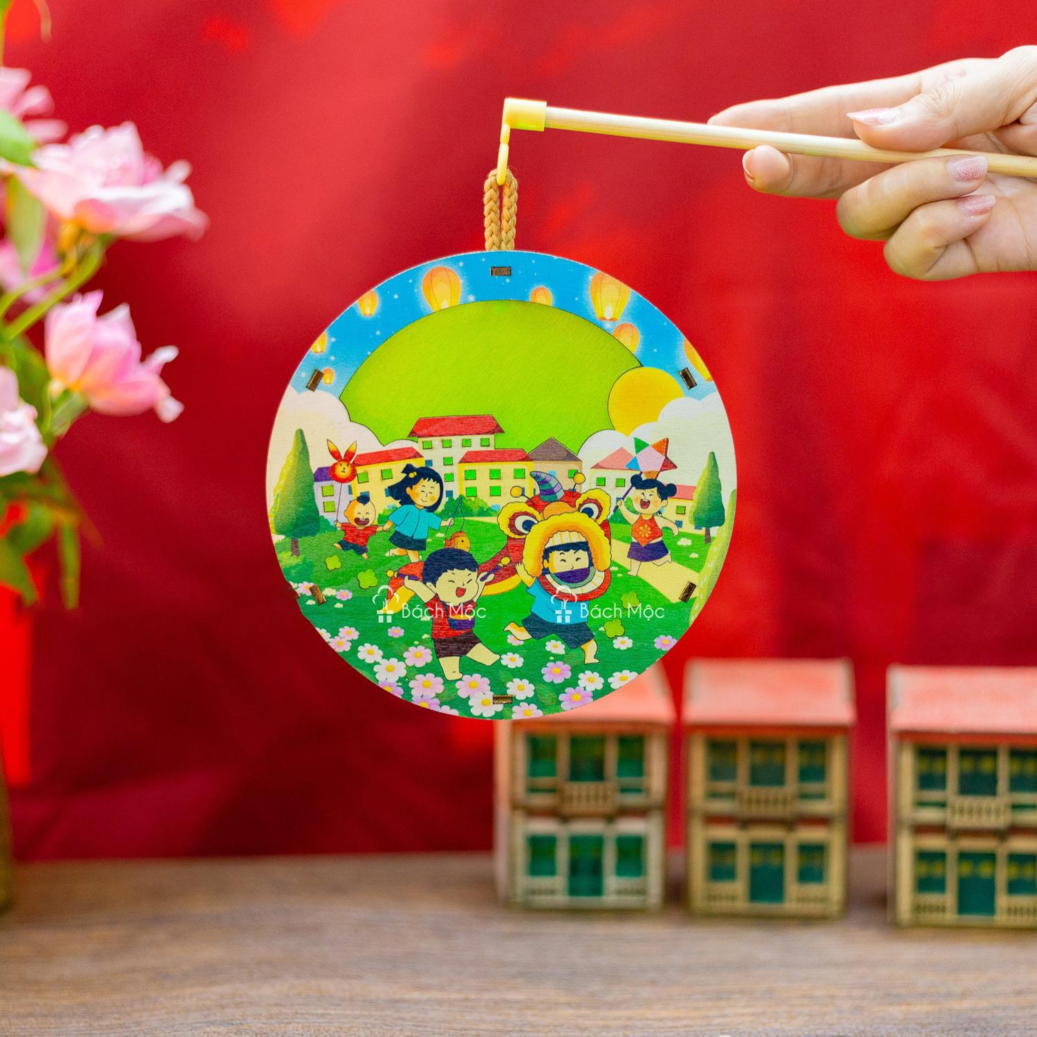 Lồng Đèn Trung Thu Gỗ 2 Mặt Màu - Bách Mộc - Múa Lân