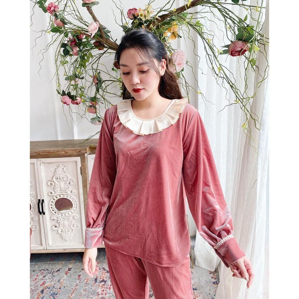 - Set Pijama Nhung Cổ Bèo Hồng - Mã T300