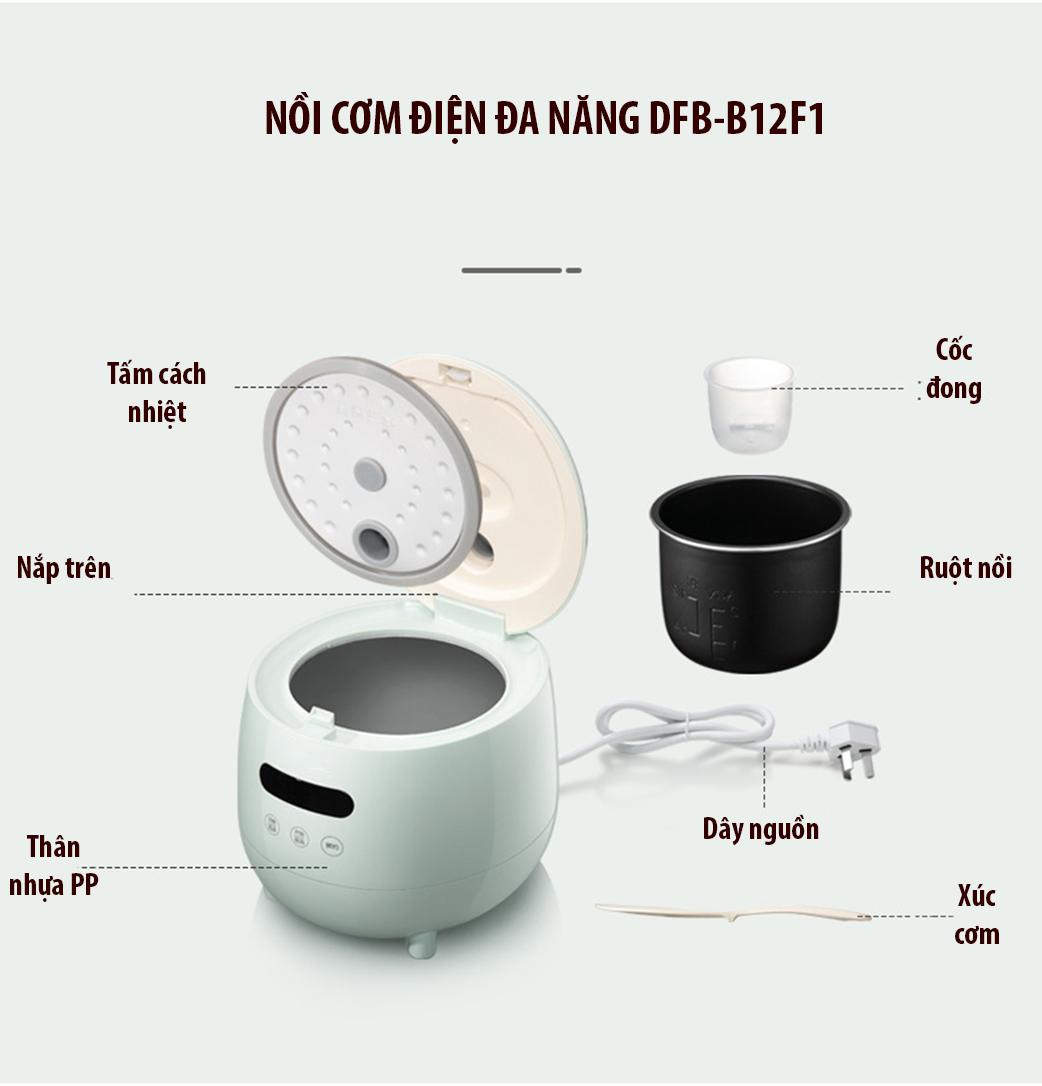 Nồi cơm điện mini đa năng DFB-B12F1 nấu mỳ, cháo, canh, súp,.... có hẹn giờ phục vụ 1-2 người ăn tặng ổ cắm 3 chấu