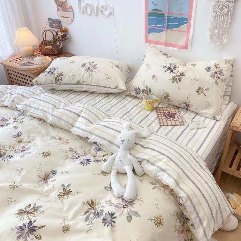 Set Ga Gối Cotton Living 100%cotton Hàng Nhập Khẩu Cao Cấp 4 Món Hoa Trắng Vintage