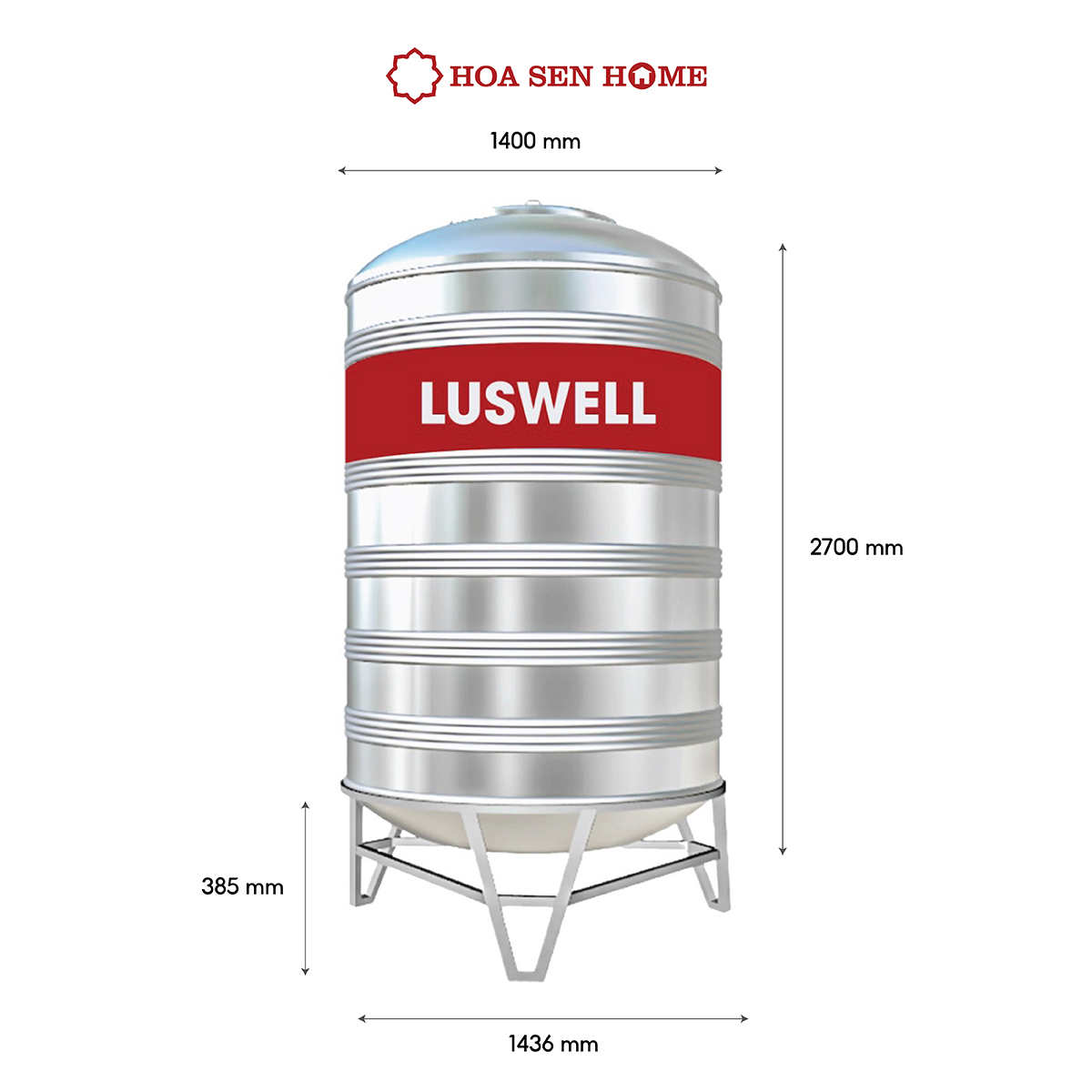 Bộ bồn nước INOX LUSWELL VNDAI đứng dung tích 4000-5000L, chất liệu Inox SUS 304 bền bỉ, công nghệ ghép mí chống rò rỉ - Hoa Sen Home - Hàng chính hãng - MIỄN PHÍ VẬN CHUYỂN