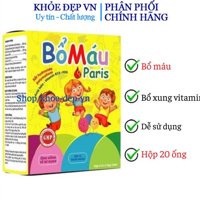 Siro Bổ máu Paris cho mẹ và trẻ từ 1 tuổi - Bổ sung sắt, Acid Folic Vitamin B9, B12 - Hộp 20 ống