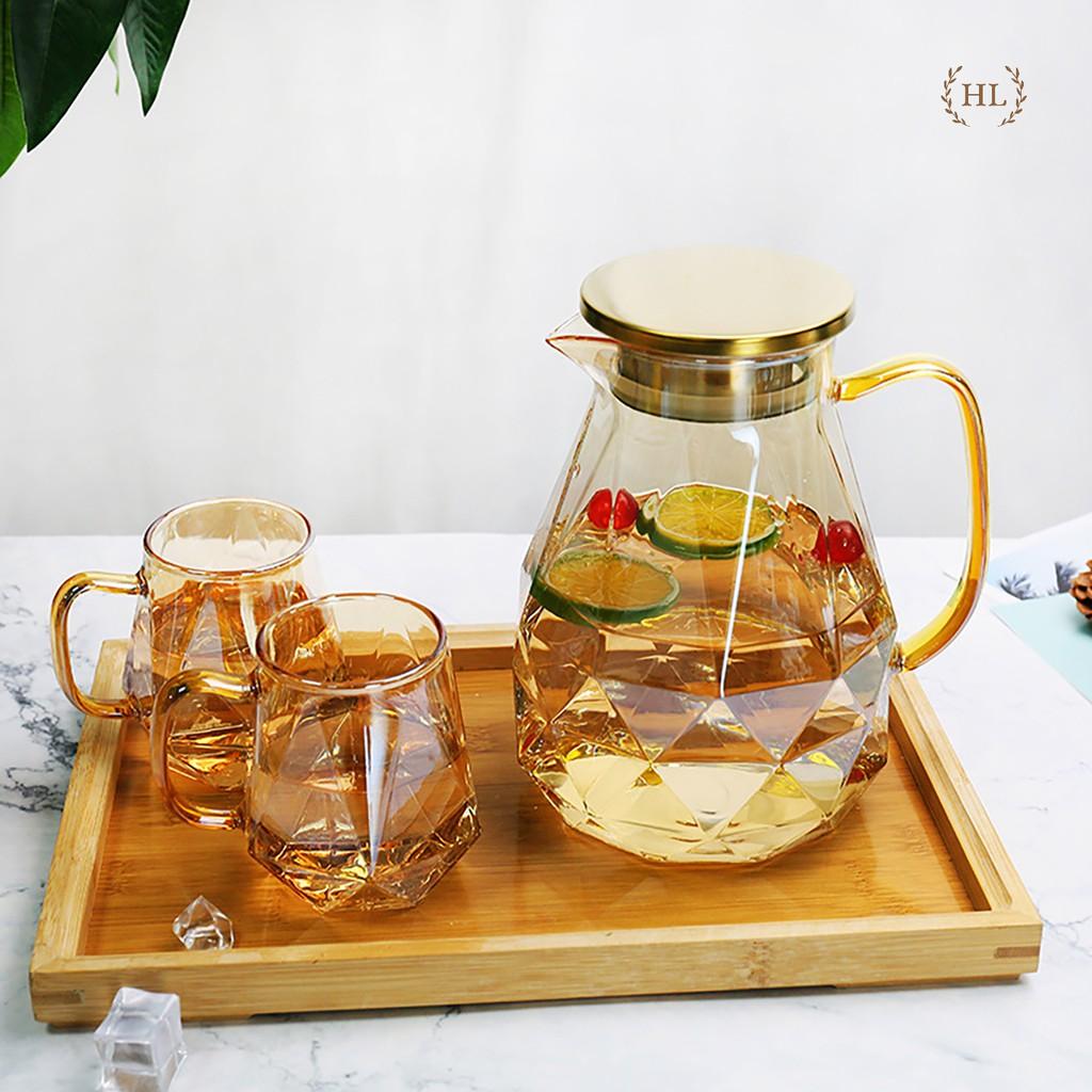 Bình Ly thuỷ tinh vàng có quai dáng kim cương | BỘ BÌNH CỐC BOROSILICATE SIÊU NHẸ - CHỊU NHIỆT - CƯỜNG LỰC LỤC GIÁC QUAI