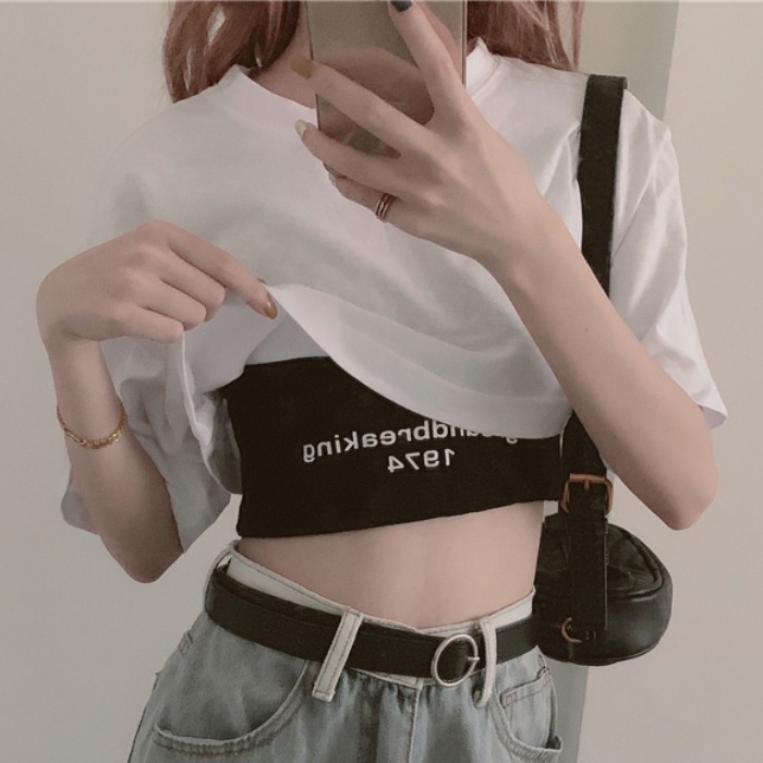 Áo croptop nữ 74, áo thun nữ thời trang, chất liệu cotton, loại áo ngắn tay 2 áo trong một, họa tiết chữ, màu sắc đơn giản, form free size, hàng đẹp