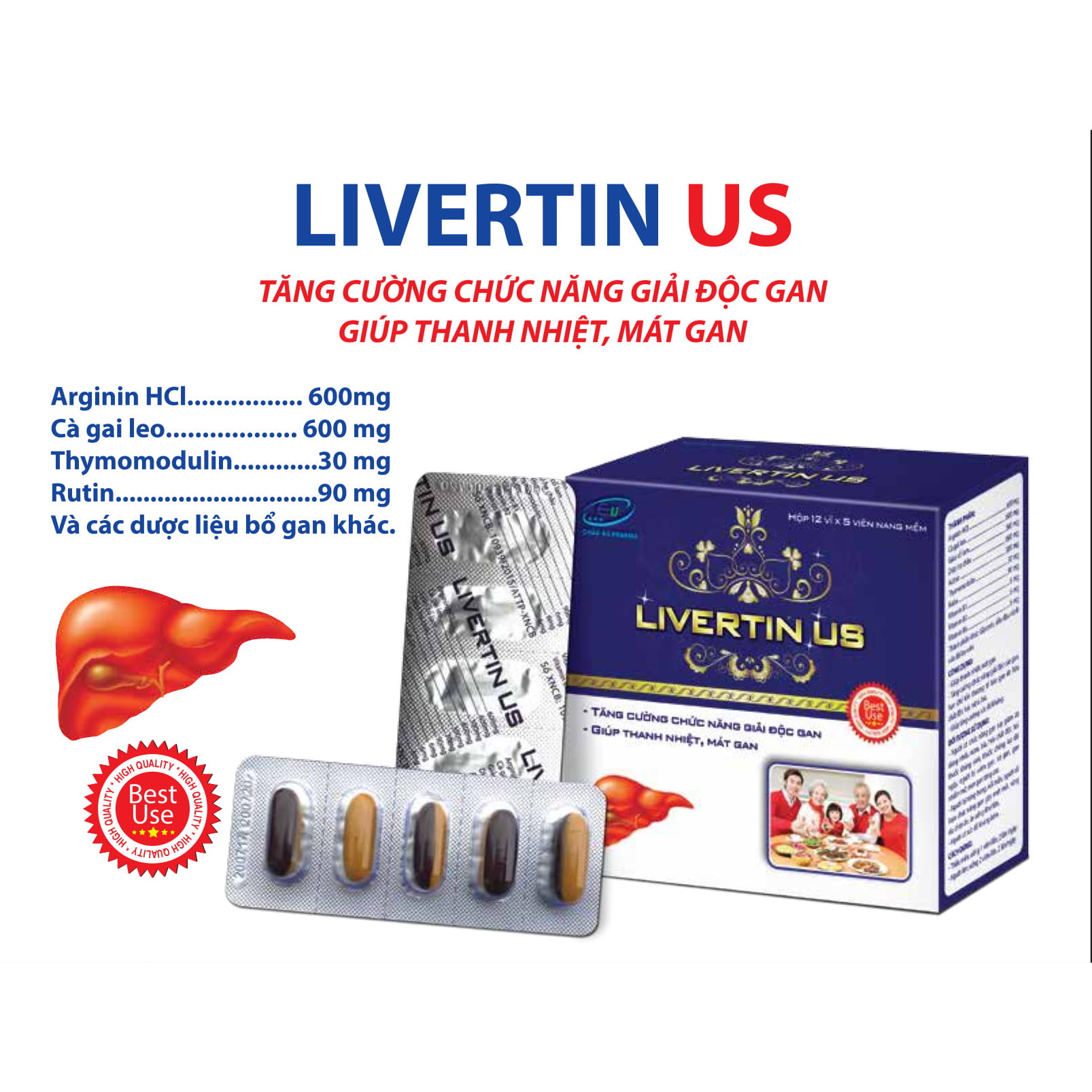 Viên Uống Bổ Gan Livertin Us - Arginin - Cà Gai Leo - Giúp Giải Độc Gan, Thanh Nhiệt, Mát Gan - Hộp 60 Viên