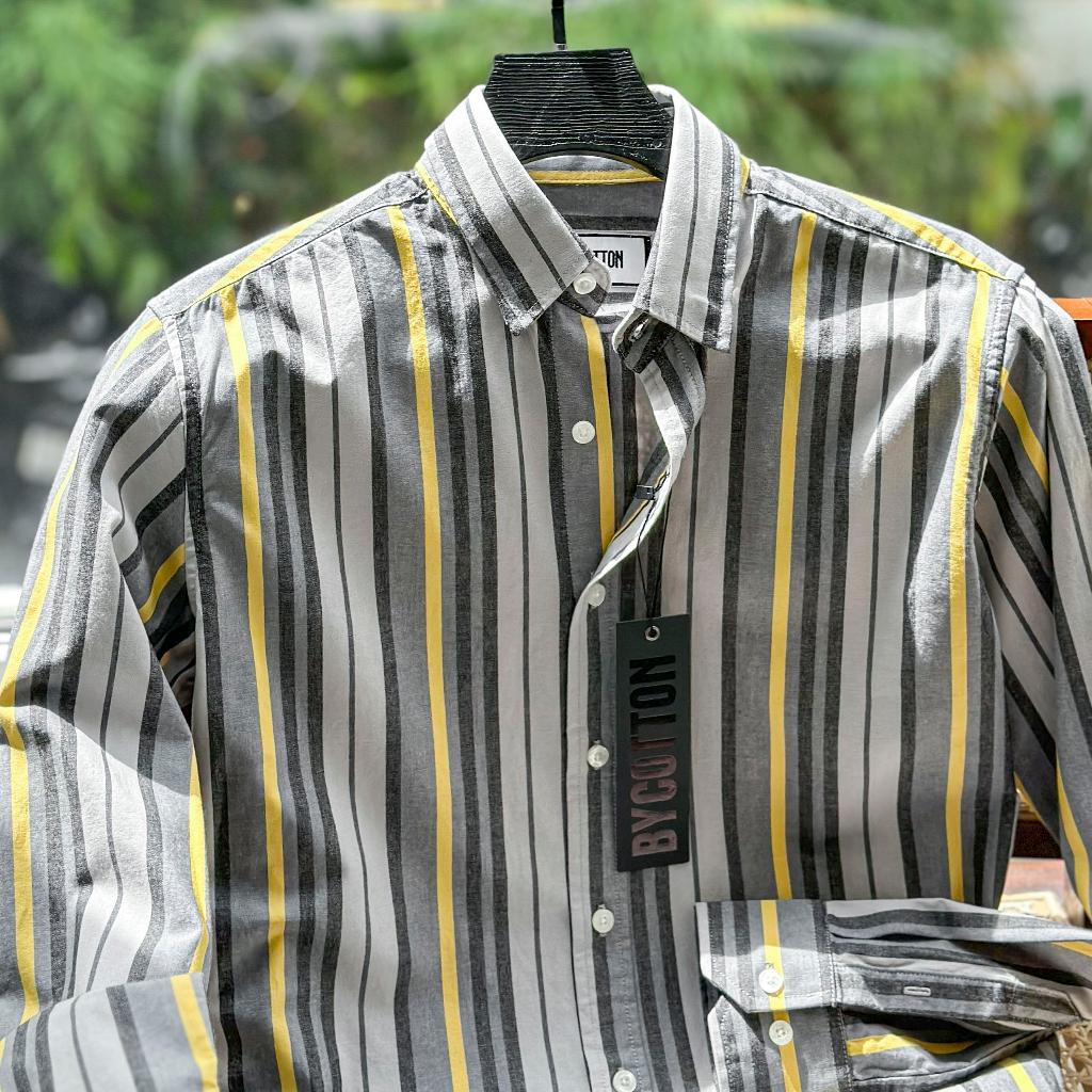 Áo Sơ Mi Nam Dài Tay Phối Sọc BY COTTON Dark Grey Yellow Stripes Shirt