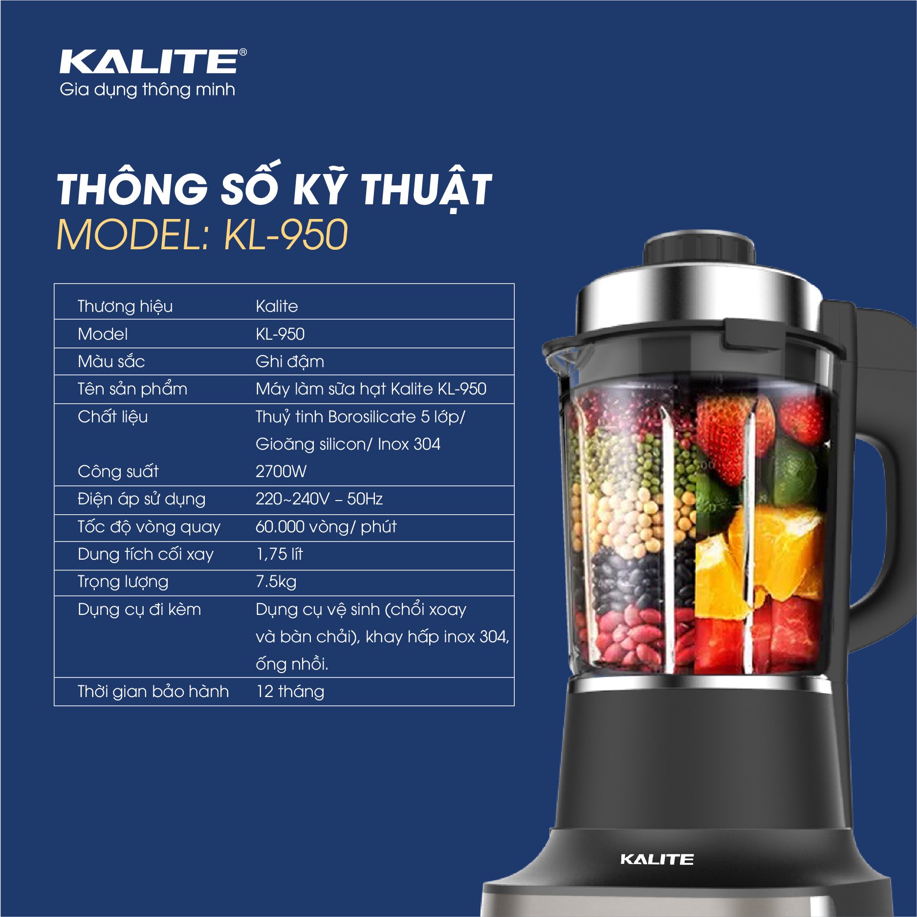 Máy Làm Sữa Hạt Và Sinh Tố Đa Năng KALITE KL-950 2700W 1.7L- Hàng Chính Hãng