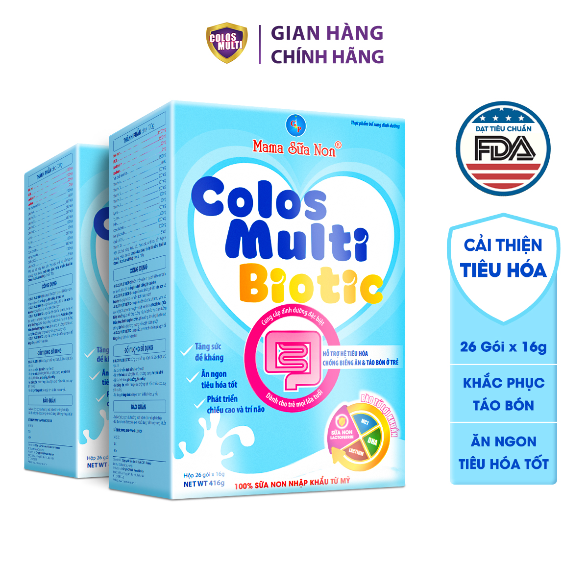 Combo 2 hộp sữa non cho bé Colosmulti Biotic hộp 26 gói x 16g chuyên biệt cho trẻ táo bón, tiêu hóa kém