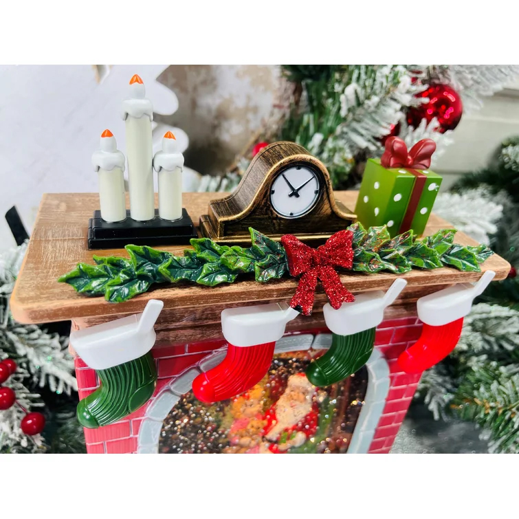 Hộp nhạc hình lò sưởi treo tất có đèn led sáng lấp lánh với ông già noel trang trí Giáng sinh và làm quà tặng có dây USB