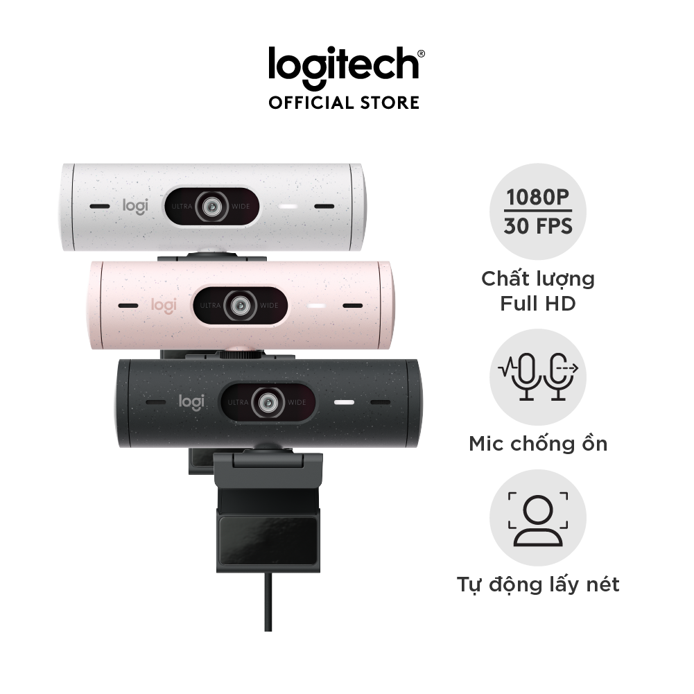 Webcam Logitech Full HD Brio 500 - Tự động điều chỉnh ánh sáng, Tự động lấy khung hình,Show mode, Mic kép giảm ồn, nắp che bảo mật, Hoạt động với Microsoft Teams, Google Meet, Zoom - Hàng chính hãng