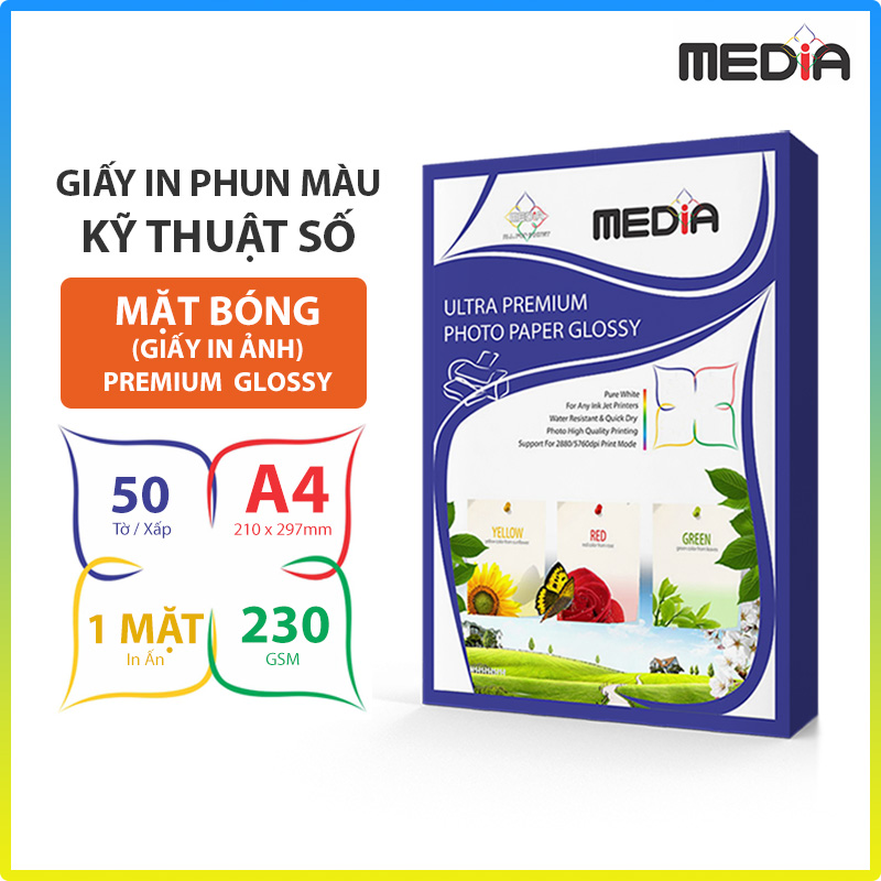 Giấy In Ảnh Media 1 Mặt Bóng (Glossy) A4 230gsm 50 tờ, Giấy In Màu Giấy In Phun Màu Tài Liệu - Hàng Chính Hãng