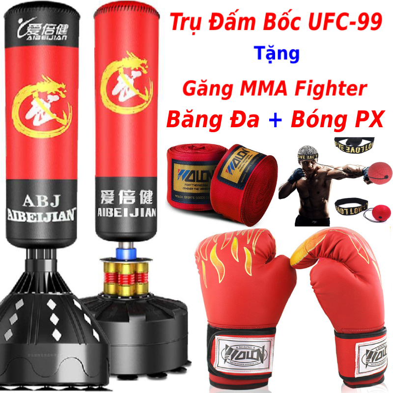 Bao cát đấm bốc boxing UFC tự đứng tặng kèm Găng MMA Fighter + băng đa 3M + Bóng phản xạ treo đầu