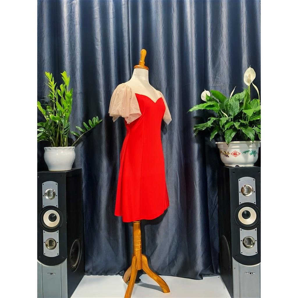️ Đầm Nữ Dáng Xòe Đi Tiệc Chất Umi Tay Phối Lưới Free Size 2 Màu Hồng Đỏ ️