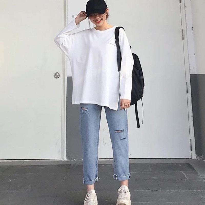 Quần Slim Jean Lưng Chun 2 Nút Rách Kiểu Nam Nữ Unisex lưng cao