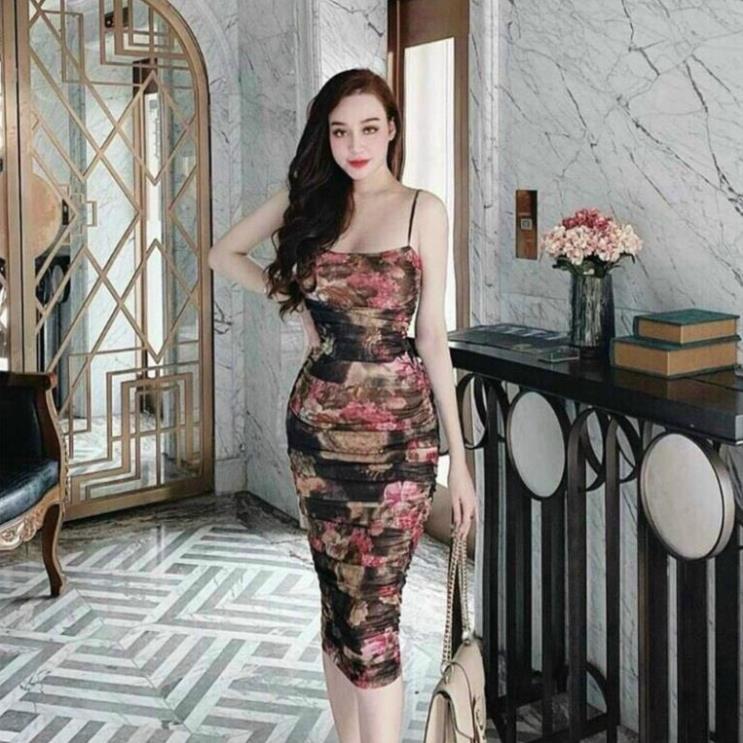 TBO-Đầm Body Hai Dây Có Mút Ngực Thun Dẻo In 3D ôm body dự tiệc, dạ hội siêu sang chảnh TASA