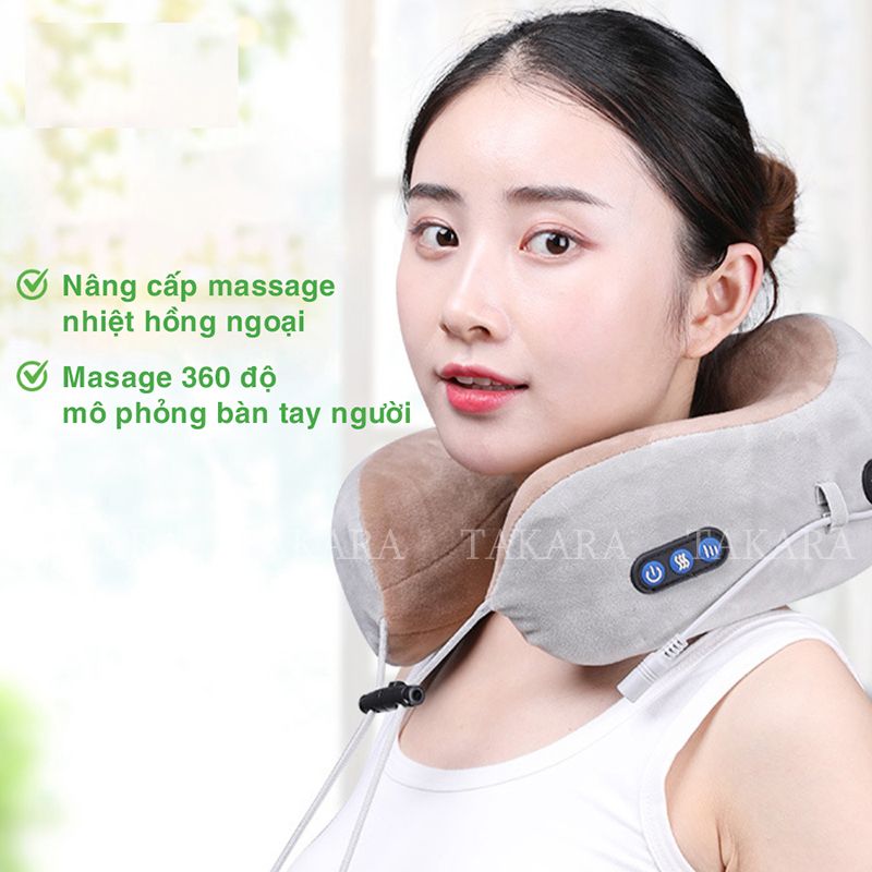 Gối Massage Cổ Chữ U, Máy Mát Xa Đeo Cổ TAKARA Đa Chức Năng Trị Liệu Giảm Đau Mỏi Cổ Vai Gáy