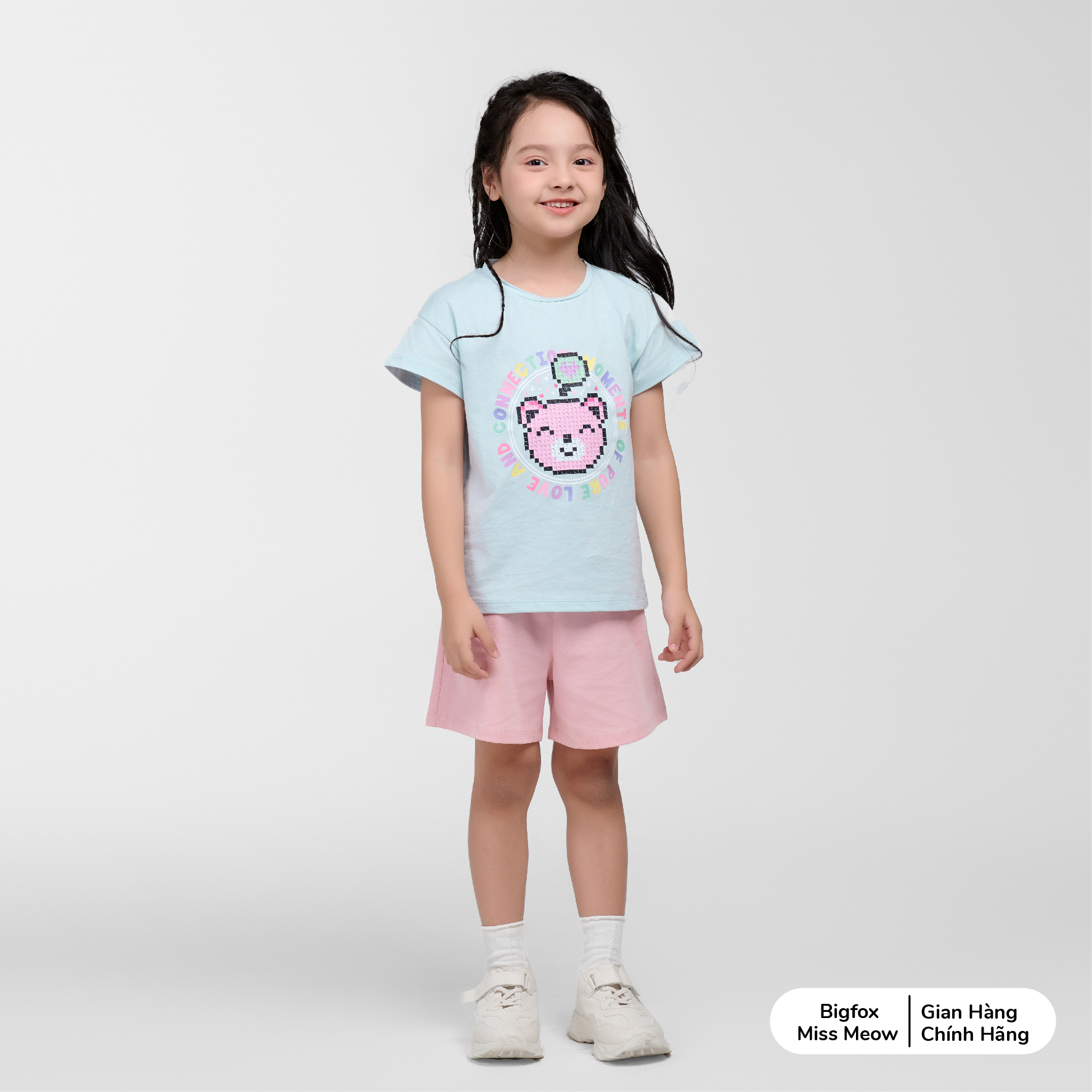 Bộ quần áo bé gái Bigfox Miss Meow mùa hè size đại vải cotton in gấu cỡ 3,6,9,11 tuổi 30kg 40kg