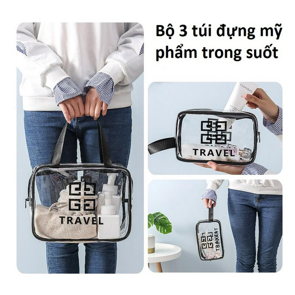 Bộ 3 túi trong suốt , có quai xách , cầm , đựng đồ cá nhân , mỹ phẩm với các kích thước khác nhau , thời trang và hiện đại 