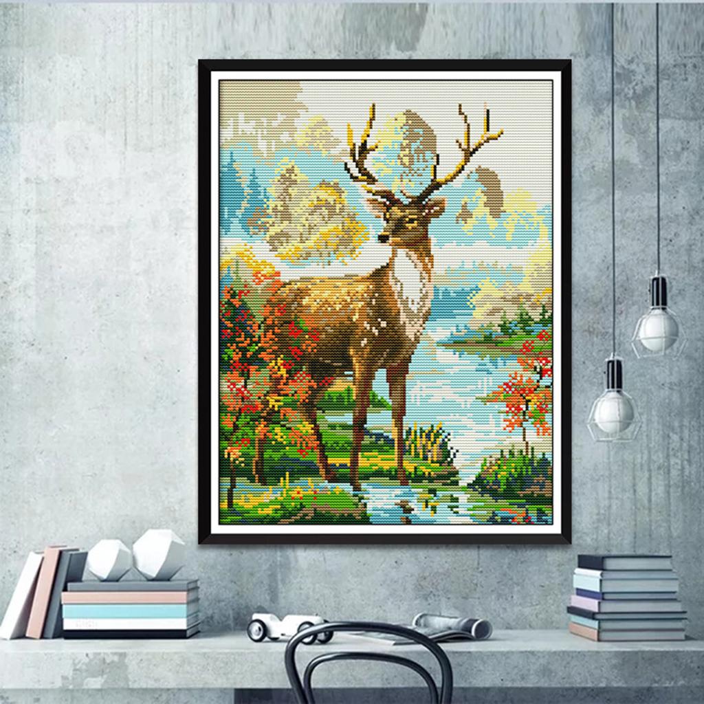 Animal Stag Stamped Cross Stitch Kit for Beginners Adults Kids 14CT 29x36cm