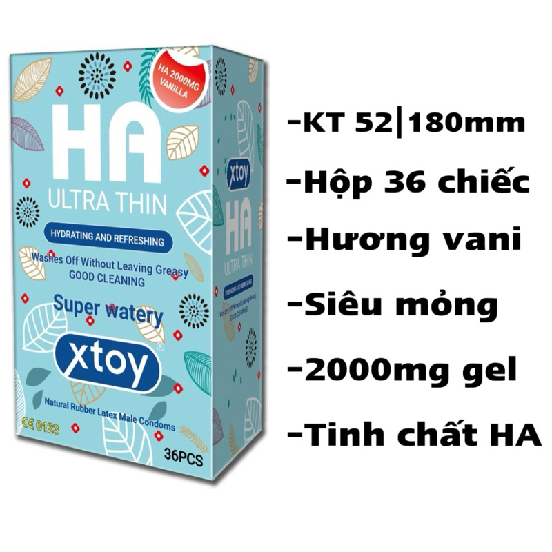 Bao cao su XTOY HA Ultra thin, siêu mỏng, siêu nhiều bôi trơn 2000mg gốc nước, hộp 36 chiếc