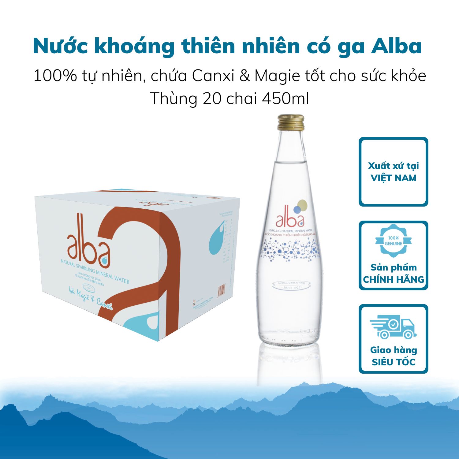 Thùng 20 chai Nước khoáng thiên nhiên ALBA có Gas Glass 450ml 