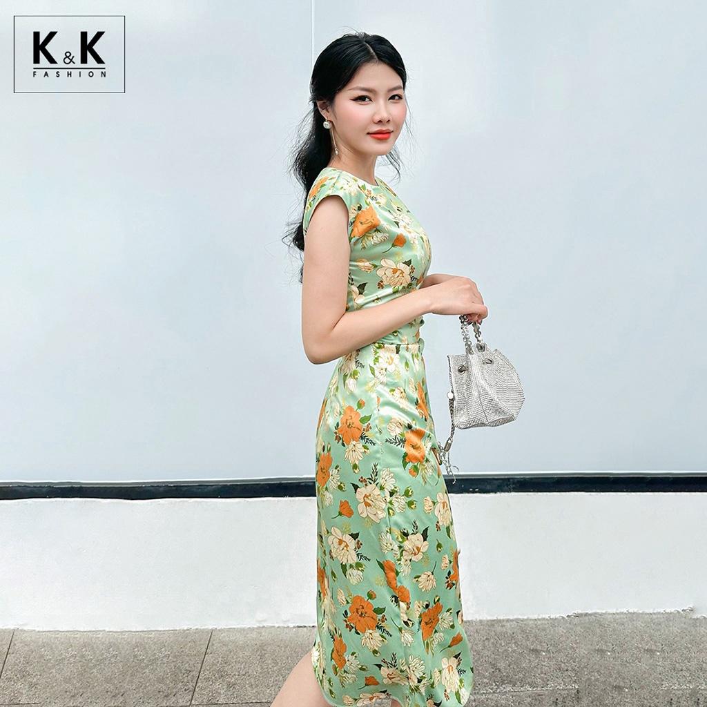 Đầm Hoa Dự Tiệc Phối Dây Rút K&amp;K Fashion KK119-34 Chất Liệu Lụa Satin