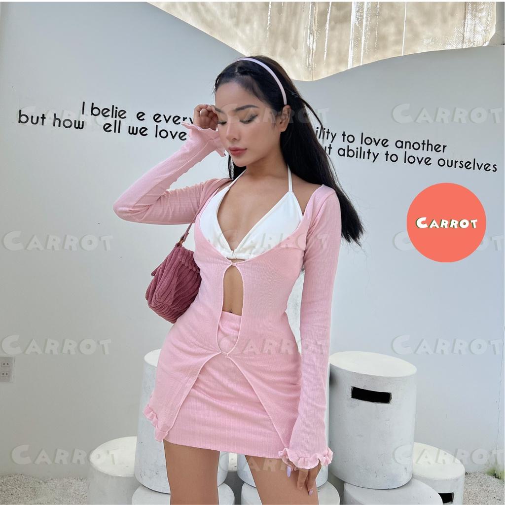 Áo croptop tay dài thiết kế xanh chân váy ôm body áo ngực trắng sexy carrotxinhdep chất vải co giãn đi biển (53)+(59)