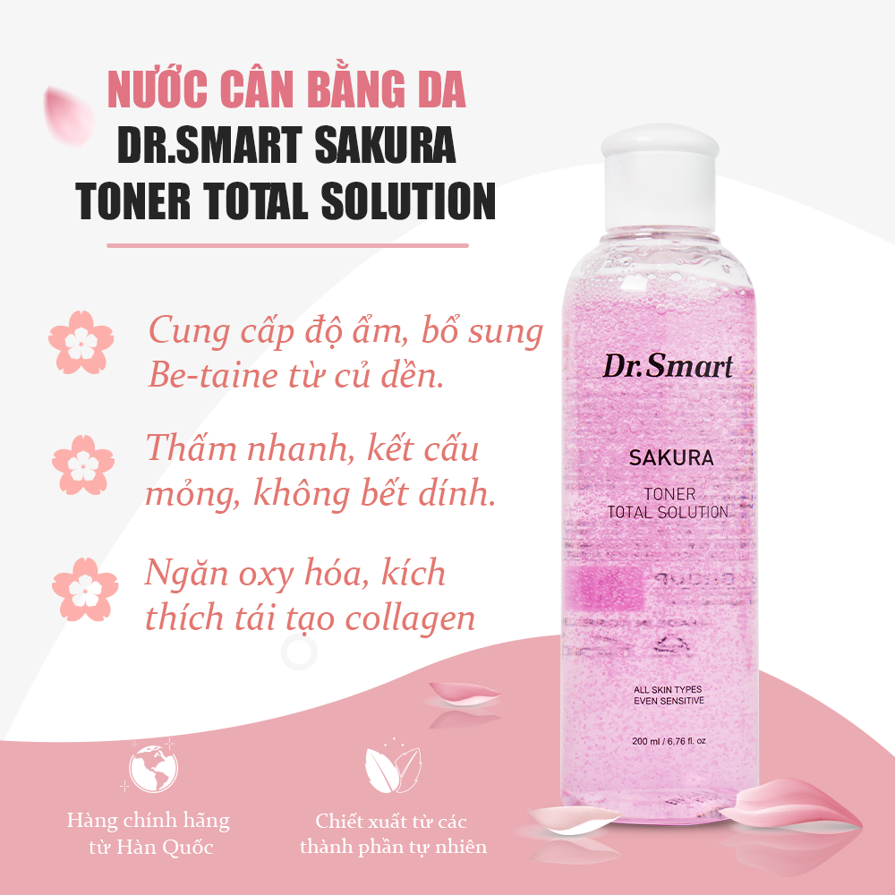Nước cân bằng da Toner Dr.Smart Sakura ẩm mịn căng bóng giúp da sáng khỏe 200ml
