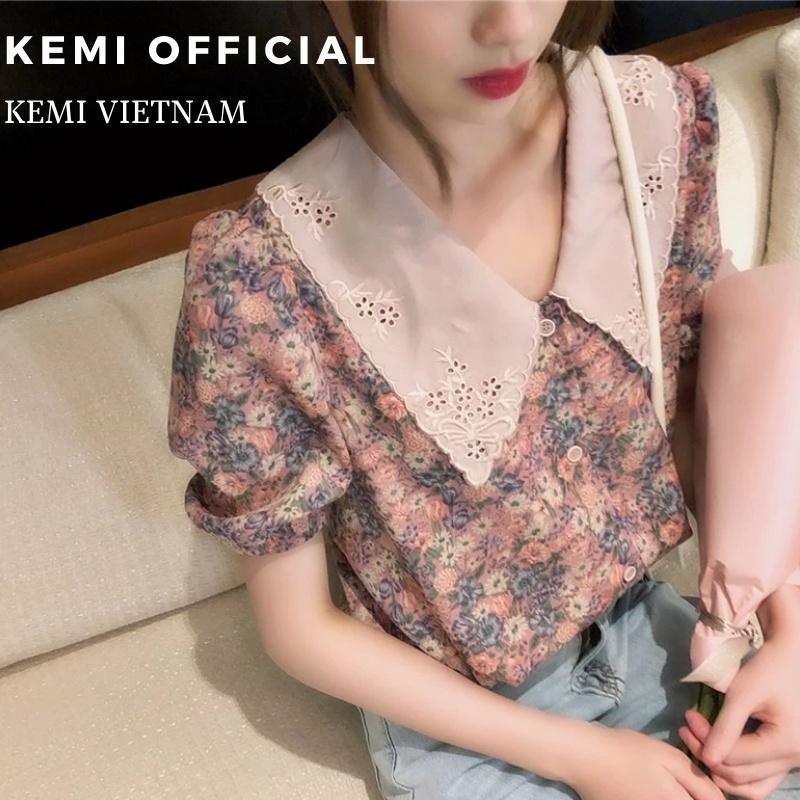 Áo sơ mi nữ cổ búp bê tay phồng phong cách tiểu thư, áo ngắn tay kiểu Pháp đẹp và ngọt ngào, cổ tích - Kemi