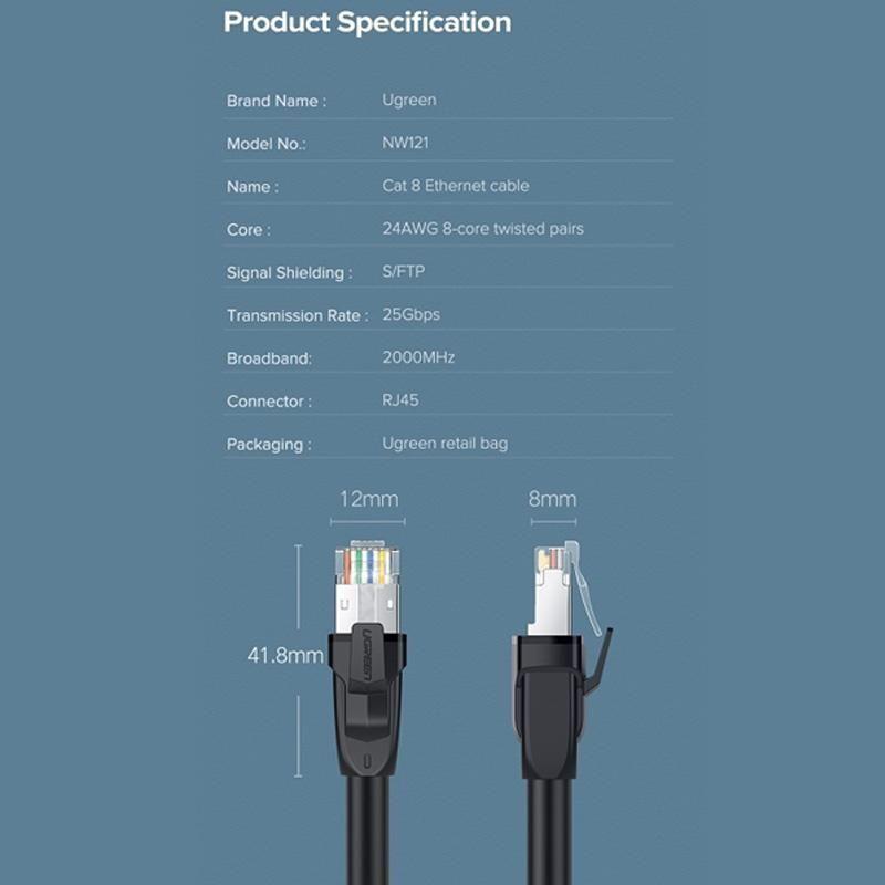 Ugreen UG70172NW121TK 5M CAT8 màu đen 24AWG S/FTP cáp mạng 2000Mhz bọc chống nhiễu - HÀNG CHÍNH HÃNG